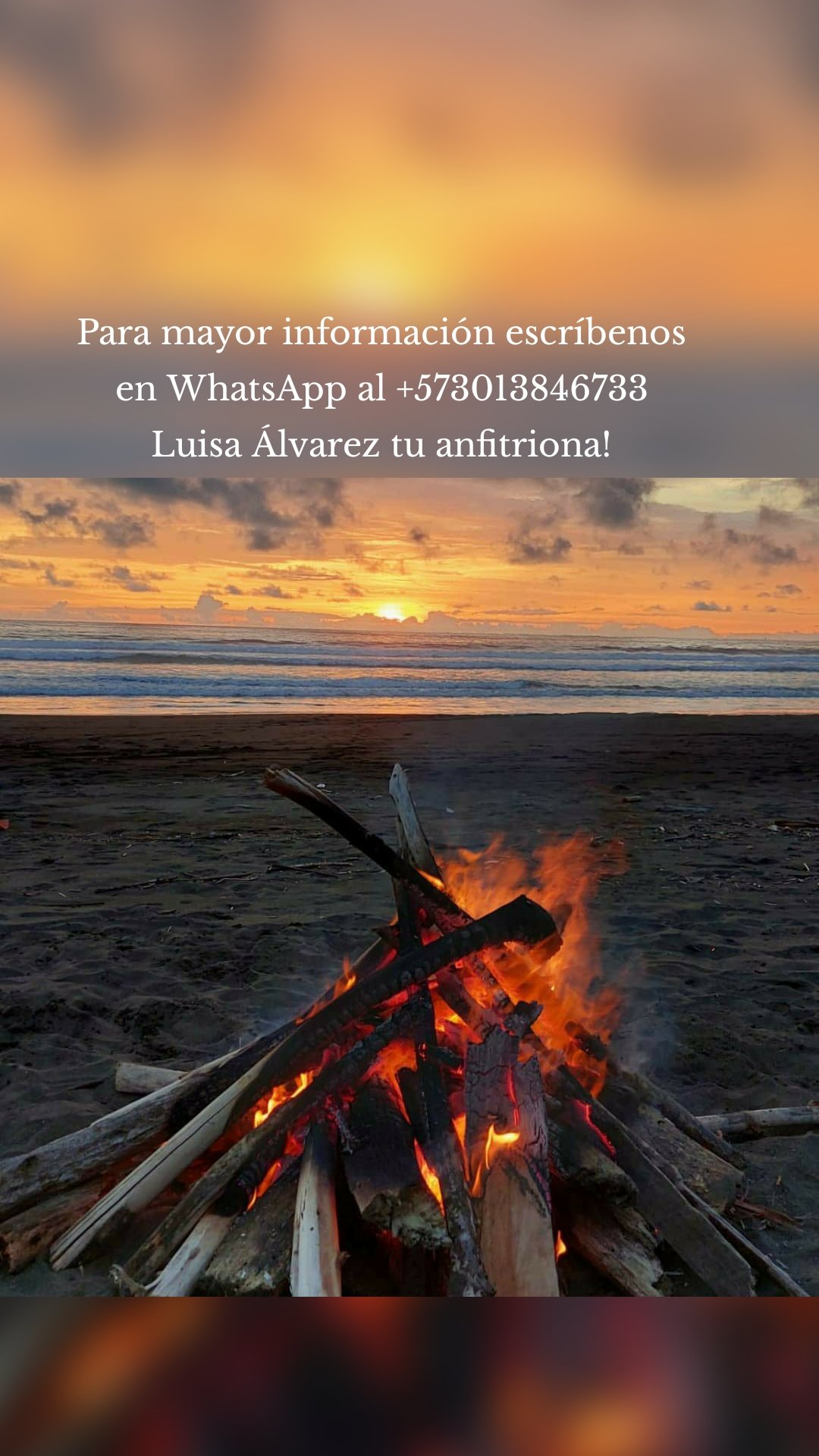 Para mayor información escríbenos en WhatsApp al +573013846733
Luisa Álvarez tu anfitriona!